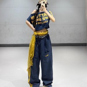 Loose Off-Shoulder Jazz Dance Top for Women, Dark Blue Letter Print Short Sleeve T-Shirt, Summer Style