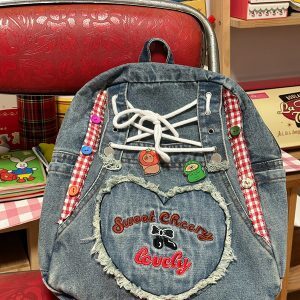 Love Heart Embroidery Double-Shoulder Denim Backpack Retro Women's Bag for Students, Millennium Style Small Tote