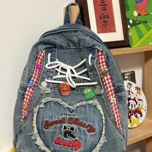 Love Heart Embroidery Double-Shoulder Denim Backpack Retro Women's Bag for Students, Millennium Style Small Tote