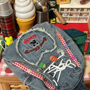 Love Heart Embroidery Double-Shoulder Denim Backpack Retro Women's Bag for Students, Millennium Style Small Tote