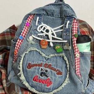 Love Heart Embroidery Double-Shoulder Denim Backpack Retro Women's Bag for Students, Millennium Style Small Tote
