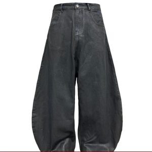 Low-Crotch Waxed Curved Blade Jeans in Washed Blue and Black Layered Fabric - Trendy Y2K Denim Fashion