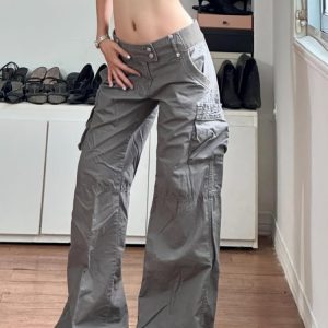 Low-Rise Pleated Cargo Pants for Women - Sexy Wide-Leg Gray Jeans in American Street Style