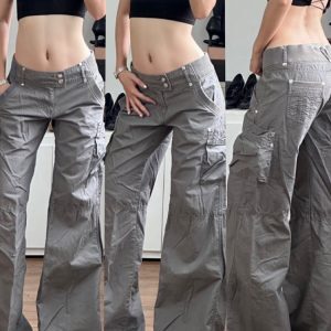 Low-Rise Pleated Cargo Pants for Women - Sexy Wide-Leg Gray Jeans in American Street Style