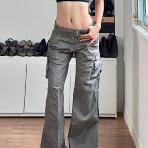 Low-Rise Pleated Cargo Pants for Women - Sexy Wide-Leg Gray Jeans in American Street Style