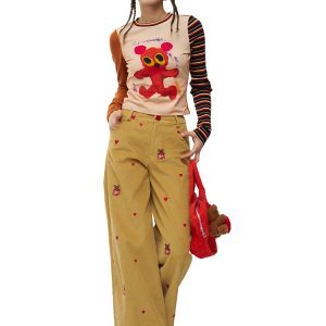 Mandarin Collar Long Sleeve T-Shirt with Graffiti Running Bear Design - Slim Fit Artist Original Style for 90s and Y2K Fashion