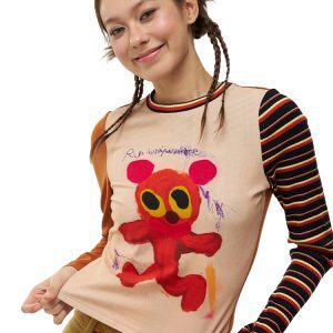 Mandarin Collar Long Sleeve T-Shirt with Graffiti Running Bear Design - Slim Fit Artist Original Style for 90s and Y2K Fashion
