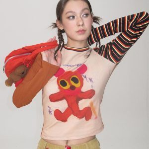 Mandarin Collar Long Sleeve T-Shirt with Graffiti Running Bear Design - Slim Fit Artist Original Style for 90s and Y2K Fashion