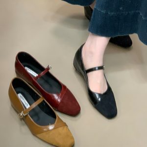 Mary Jane Shoes for Women, Shallow Mouth One-Strap Spliced Hidden Height Increase Flats, Versatile for Skirts, Chic Leather Design