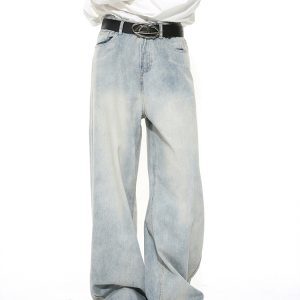 Men's American Retro Clean-Fit Design Washed Straight-Leg Jeans, Loose Casual Wide-Leg Floor-Length Pants