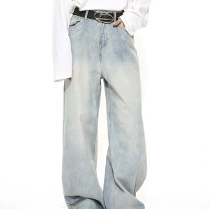 Men's American Retro Clean-Fit Design Washed Straight-Leg Jeans, Loose Casual Wide-Leg Floor-Length Pants