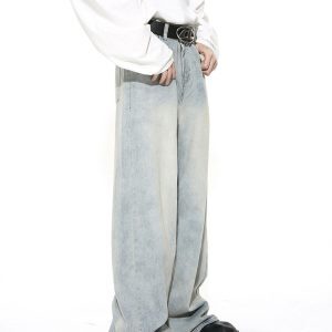 Men's American Retro Clean-Fit Design Washed Straight-Leg Jeans, Loose Casual Wide-Leg Floor-Length Pants