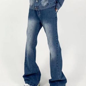 Men's American Retro Clean Fit Slim High Loose Straight-Leg Jeans - Washed Light Blue Slightly Flared Pants