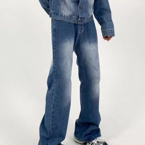 Men's American Retro Clean Fit Slim High Loose Straight-Leg Jeans - Washed Light Blue Slightly Flared Pants
