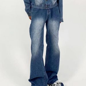 Men's American Retro Clean Fit Slim High Loose Straight-Leg Jeans - Washed Light Blue Slightly Flared Pants