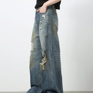 Men's American Retro Distressed Floor-Length Jeans - Washed Loose Straight-Leg Wide-Leg Casual Pants
