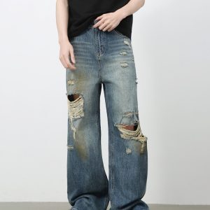Men's American Retro Distressed Floor-Length Jeans - Washed Loose Straight-Leg Wide-Leg Casual Pants