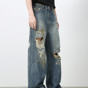 Men's American Retro Distressed Floor-Length Jeans - Washed Loose Straight-Leg Wide-Leg Casual Pants