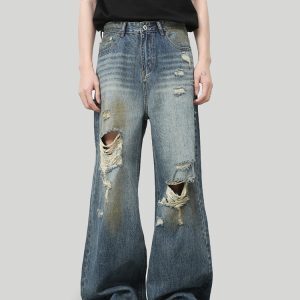 Men's American Retro Distressed Floor-Length Jeans - Washed Loose Straight-Leg Wide-Leg Casual Pants