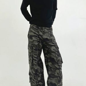 Men's American Retro Heavyweight Camouflage Wide-Leg Casual Pants with Patchwork Pockets - Stylish Loose Fit Workwear