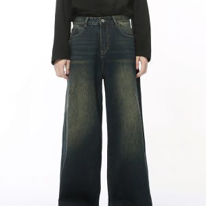 Men's American Retro High Street Loose Straight Leg Wide-Leg Denim Pants with Wrinkled Design - Floor-Length Fashion