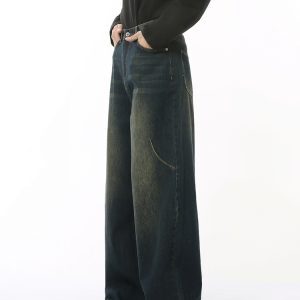 Men's American Retro High Street Loose Straight Leg Wide-Leg Denim Pants with Wrinkled Design - Floor-Length Fashion