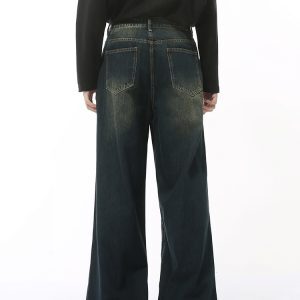 Men's American Retro High Street Loose Straight Leg Wide-Leg Denim Pants with Wrinkled Design - Floor-Length Fashion