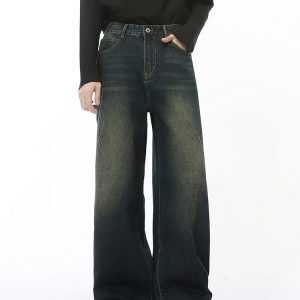 Men's American Retro High Street Loose Straight Leg Wide-Leg Denim Pants with Wrinkled Design - Floor-Length Fashion