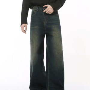 Men's American Retro High Street Loose Straight Leg Wide-Leg Denim Pants with Wrinkled Design - Floor-Length Fashion