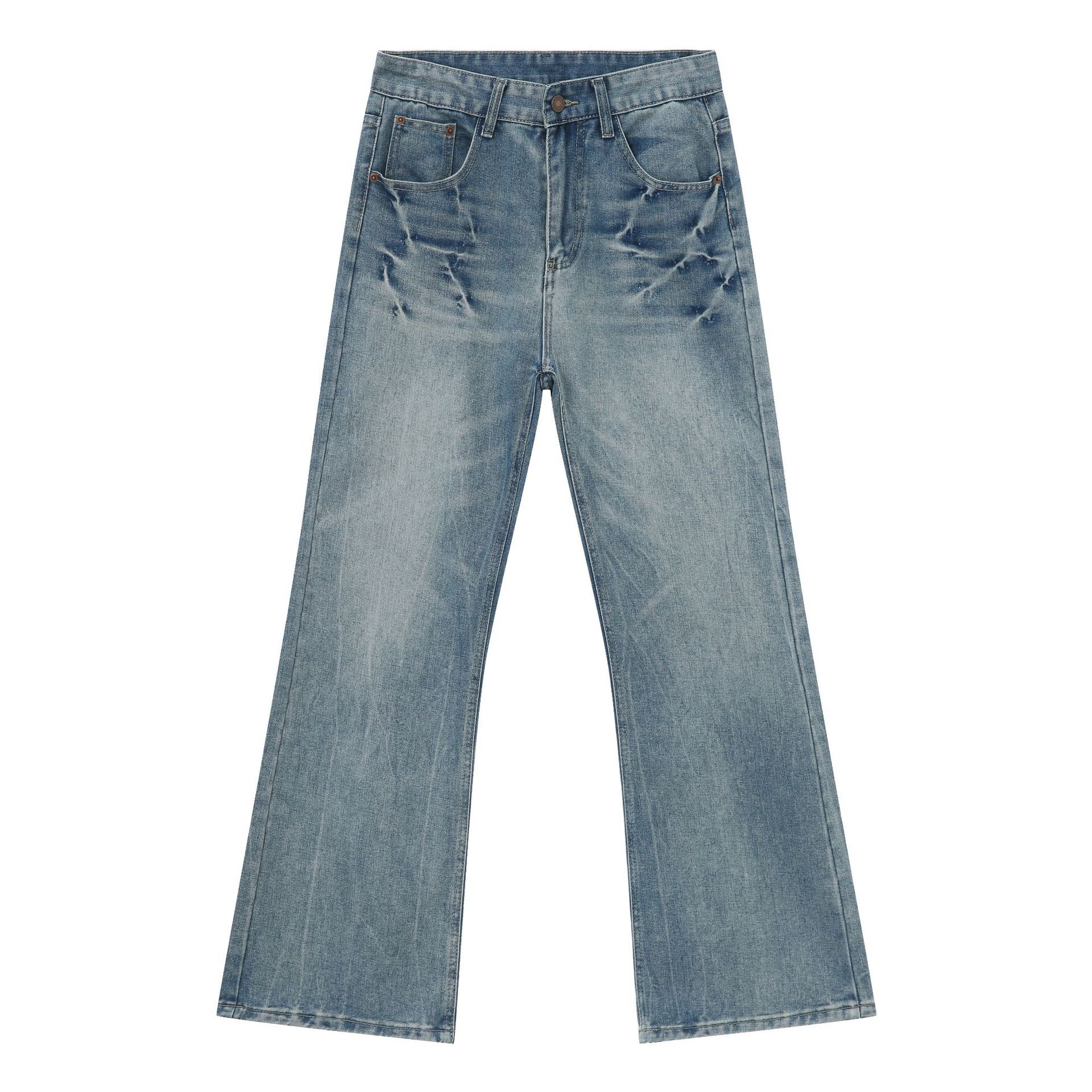 Men's American Retro Lightning Crackle Blue Jeans - Clean Fit Micro Flared Slim Long Pants