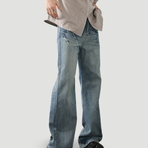 Men's American Retro Lightning Crackle Blue Jeans - Clean Fit Micro Flared Slim Long Pants