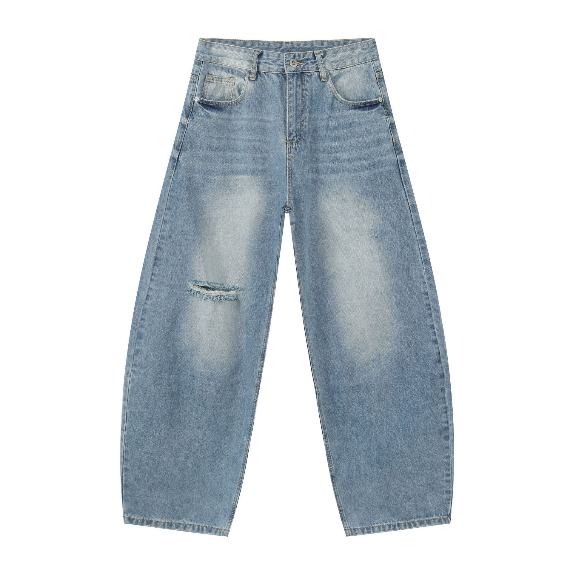 Men's American Retro Ripped Jeans, Clean Fit Curved Blade, Stylish Washed Loose Wide-Leg Pants for Y2K Fashion