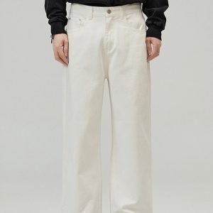 Men's American Retro White Wide-Leg Jeans, Loose Straight Fit, High-End Solid Color, Floor-Length Fashion Pants