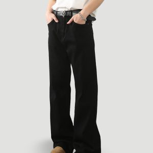 Men's American Vintage Distressed Black Bootcut Micro-Flare Jeans with Curved Blade Design - Slim Straight Long Pants