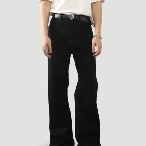 Men's American Vintage Distressed Black Bootcut Micro-Flare Jeans with Curved Blade Design - Slim Straight Long Pants