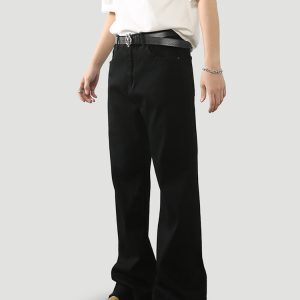 Men's American Vintage Distressed Black Bootcut Micro-Flare Jeans with Curved Blade Design - Slim Straight Long Pants