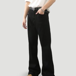 Men's American Vintage Distressed Black Bootcut Micro-Flare Jeans with Curved Blade Design - Slim Straight Long Pants