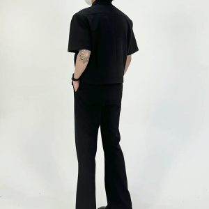 Men's Black Minimalist Short Jacket with Shoulder Pads - Cleanfit Summer Coat, Short Sleeve, Stylish Casual Outerwear
