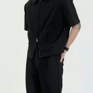 Men's Black Minimalist Short Jacket with Shoulder Pads - Cleanfit Summer Coat, Short Sleeve, Stylish Casual Outerwear