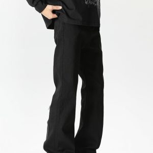 Men's Black Zip Elastic Denim Flared Pants - High Street Clean Fit, Trendy Streetwear, Cool 90s Vibe
