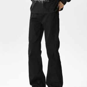 Men's Black Zip Elastic Denim Flared Pants - High Street Clean Fit, Trendy Streetwear, Cool 90s Vibe