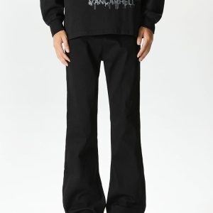 Men's Black Zip Elastic Denim Flared Pants - High Street Clean Fit, Trendy Streetwear, Cool 90s Vibe