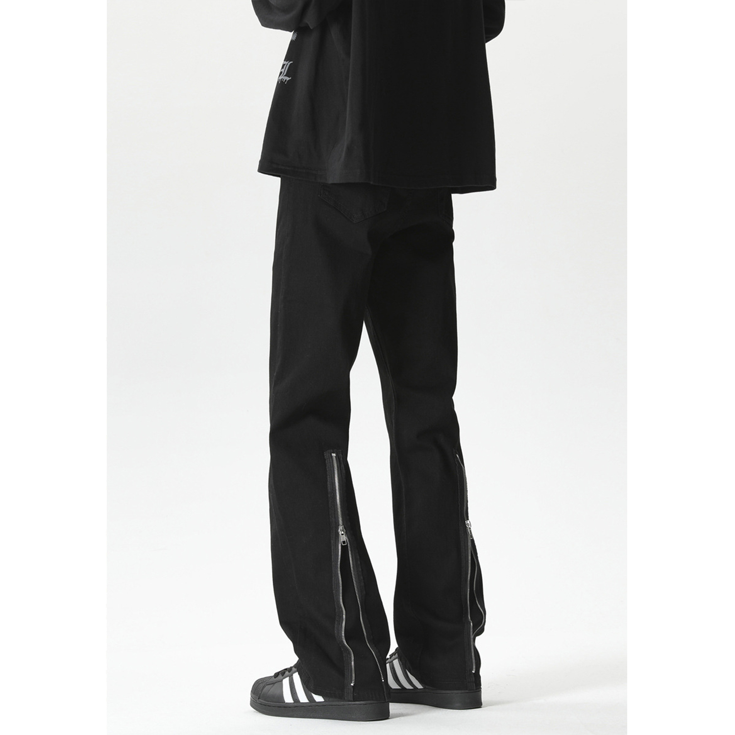 Men's Black Zip Elastic Denim Flared Pants - High Street Clean Fit, Trendy Streetwear, Cool 90s Vibe