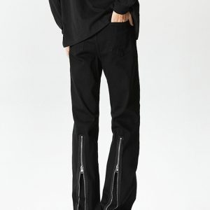 Men's Black Zip Elastic Denim Flared Pants - High Street Clean Fit, Trendy Streetwear, Cool 90s Vibe