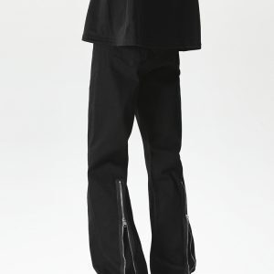 Men's Black Zip Elastic Denim Flared Pants - High Street Clean Fit, Trendy Streetwear, Cool 90s Vibe