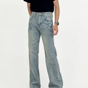 Men's Distressed Blue Wash Micro Flare Jeans - American High Street Casual Pants, Trendy Lightning Crack Design