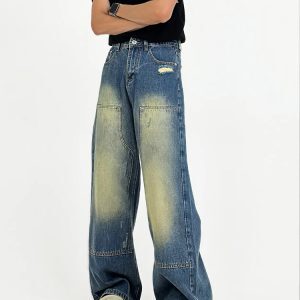 Men's Distressed Washed Carpenter Jeans - American Retro Vibe Loose Straight-Leg Casual Pants