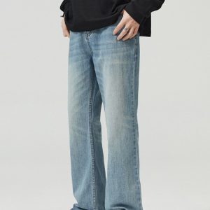 Men's High Street Clean Fit Washed Light Blue Micro-Flare Jeans - Slim Fit, Flattering Design for a Stylish 90s Look