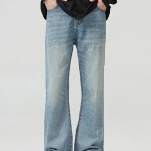 Men's High Street Clean Fit Washed Light Blue Micro-Flare Jeans - Slim Fit, Flattering Design for a Stylish 90s Look