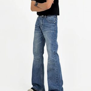 Men's High-Waisted Vintage Micro-Flare Jeans - Slim Fit, Casual American Retro Style, Whisker Detail, 90s Inspired Long Pants